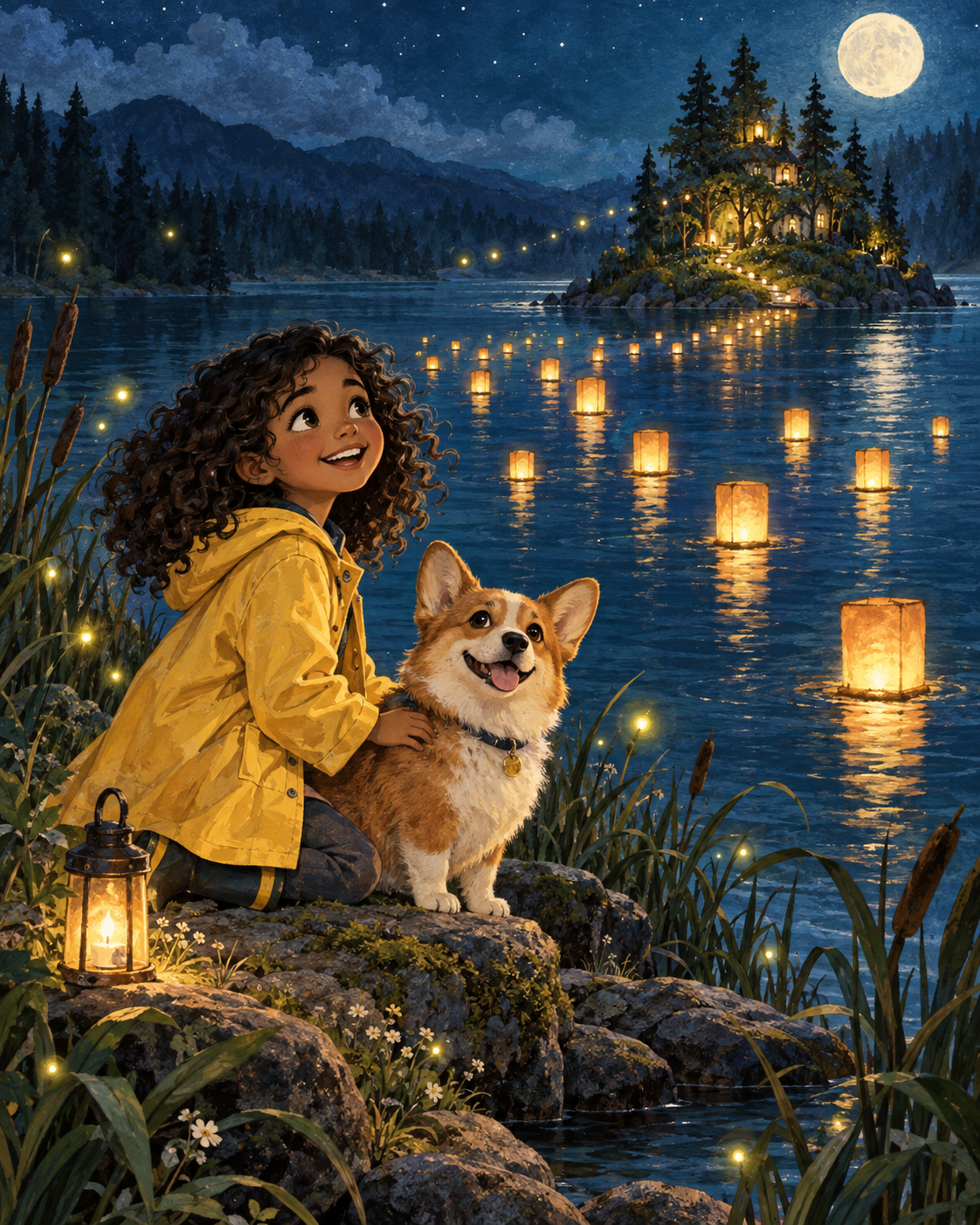 Fictional illustrated sample of a girl and corgi beside a moonlit lantern lake