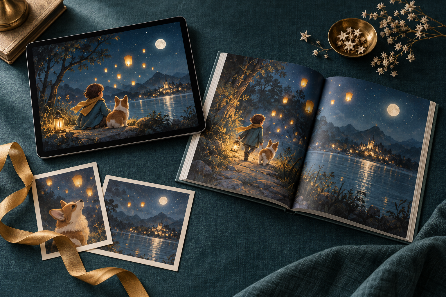 Presentation mockup of a fictional storybook shown on a tablet and in printed form